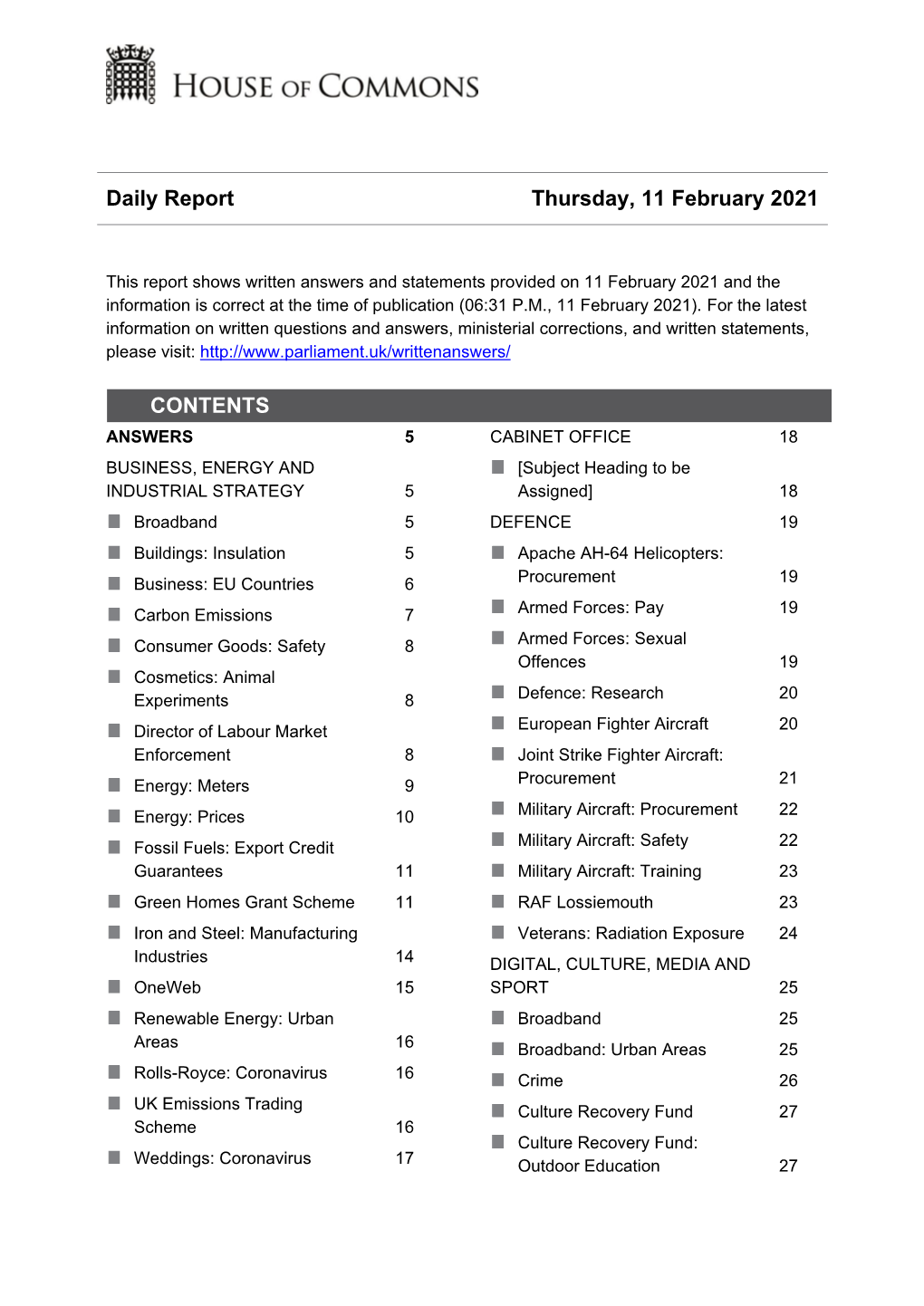 Daily Report Thursday, 11 February 2021 CONTENTS