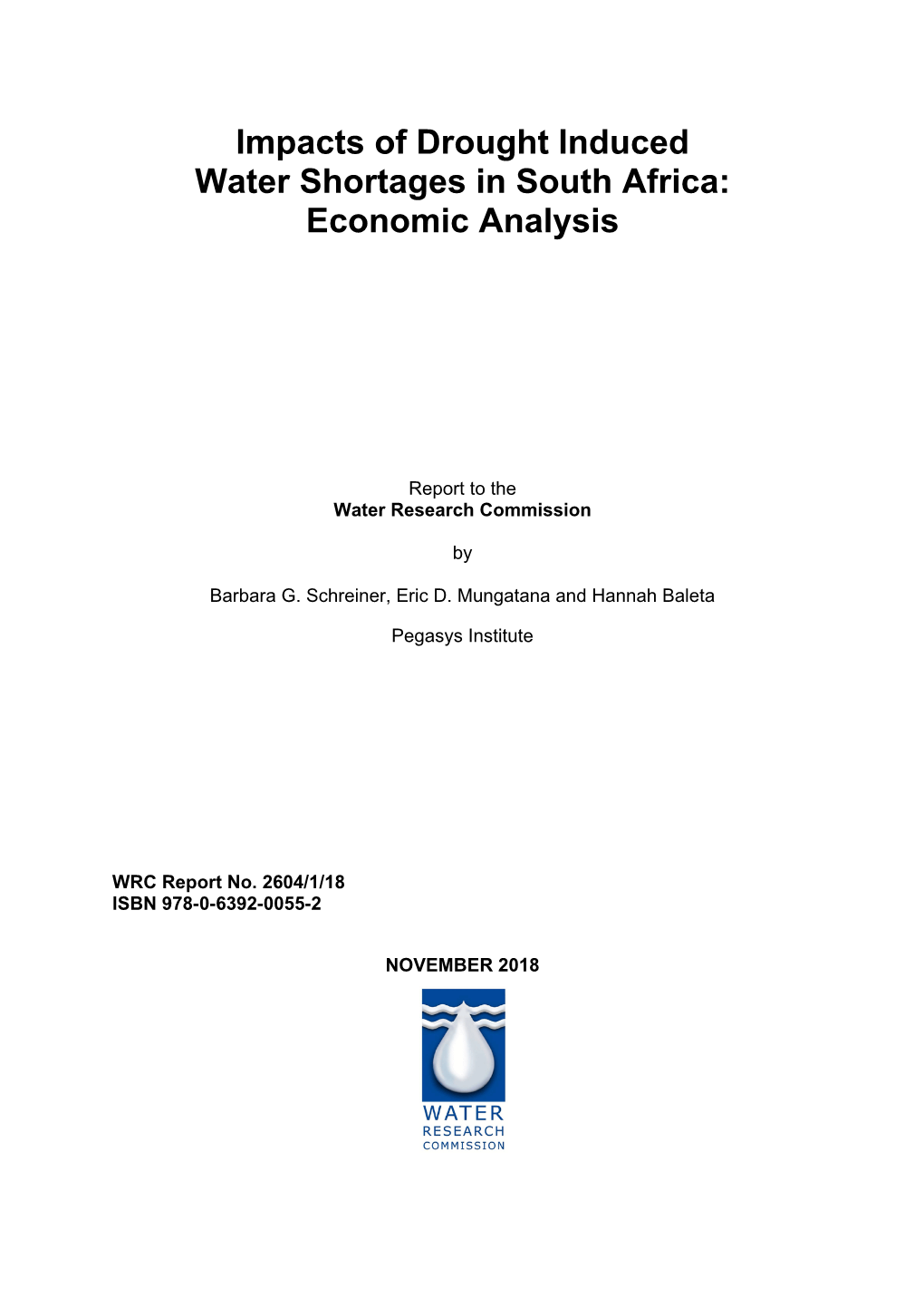 Impacts of Drought Induced Water Shortages in South Africa: Economic Analysis