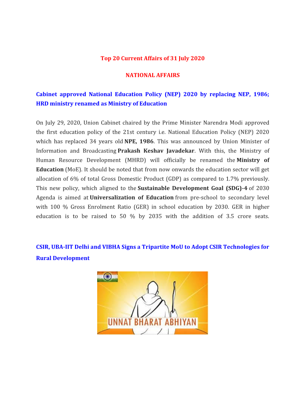 Top 20 Current Affairs of 31 July 2020