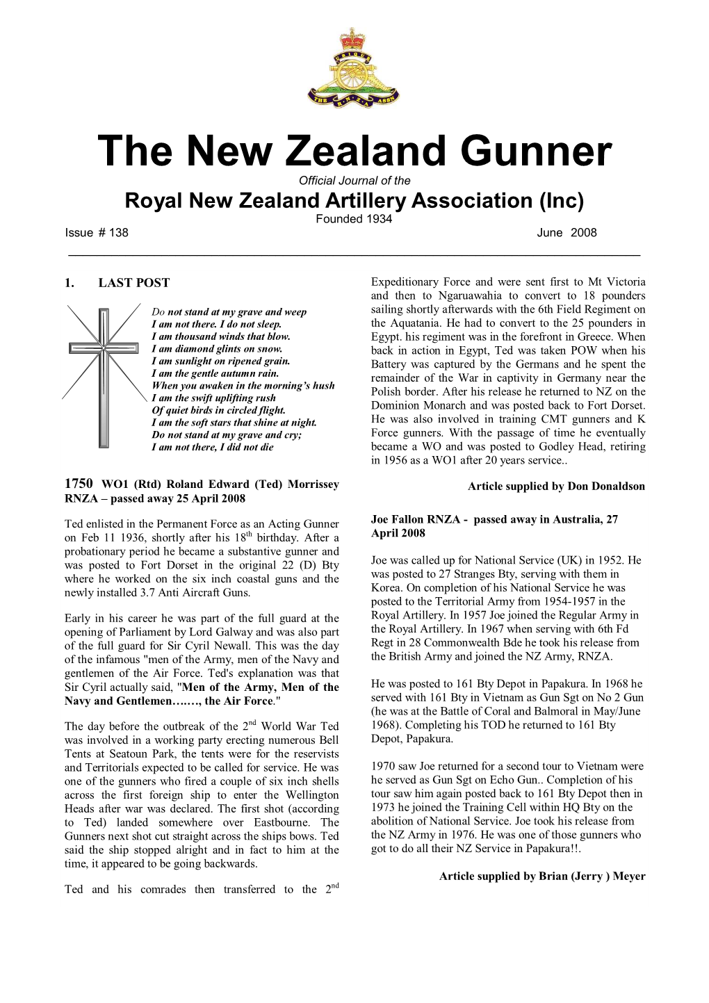 The New Zealand Gunner Official Journal of the Royal New Zealand Artillery Association (Inc) Founded 1934 Issue # 138 June 2008 ______