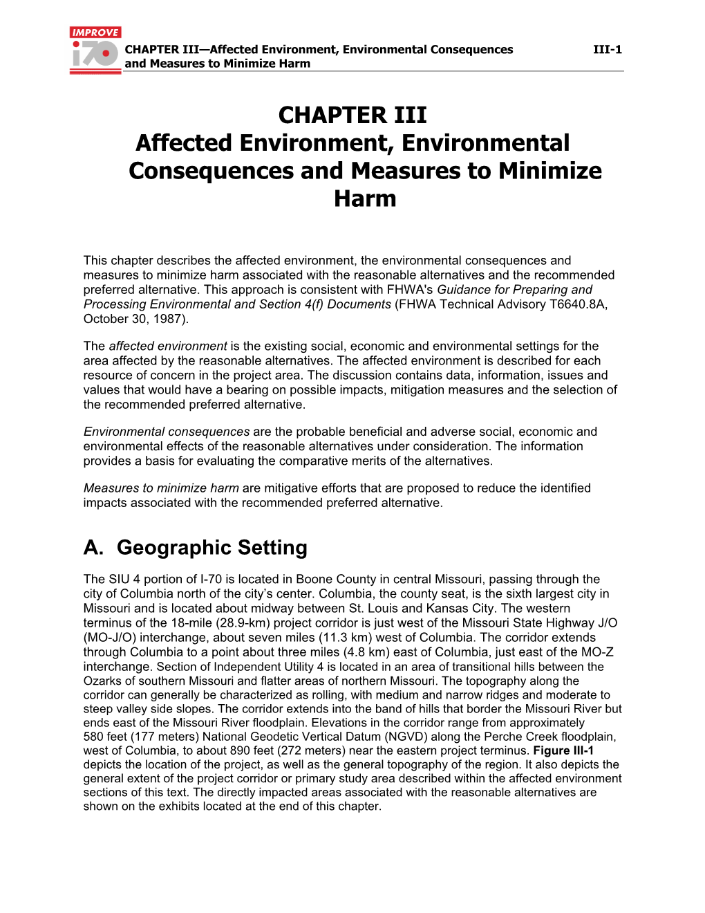 CHAPTER III Affected Environment, Environmental Consequences and Measures to Minimize Harm