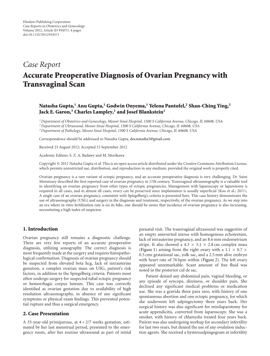 Accurate Preoperative Diagnosis of Ovarian Pregnancy with Transvaginal Scan