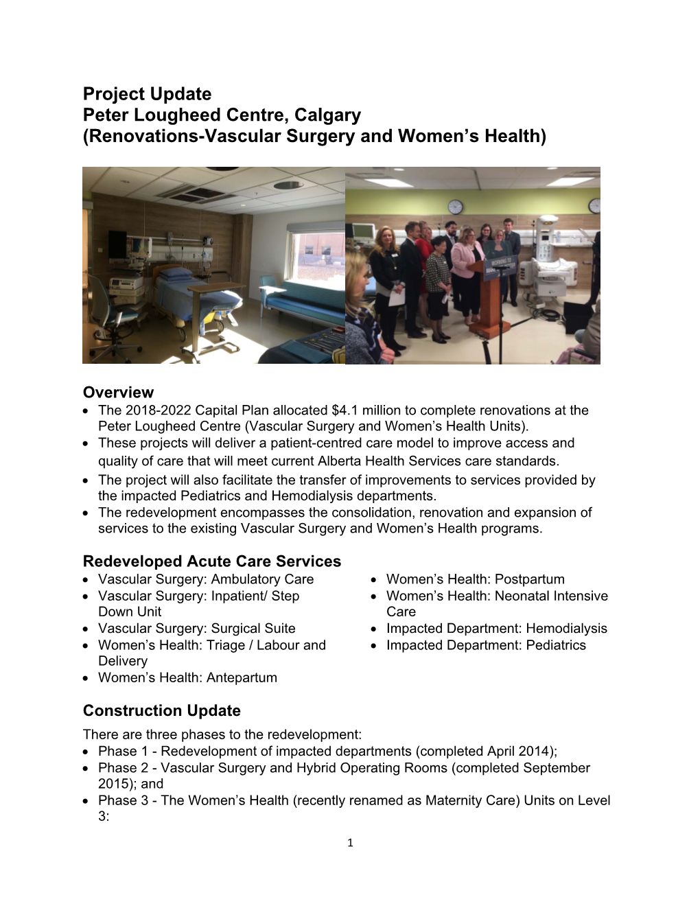 Project Update Peter Lougheed Centre, Calgary (Renovations-Vascular Surgery and Women's Health)
