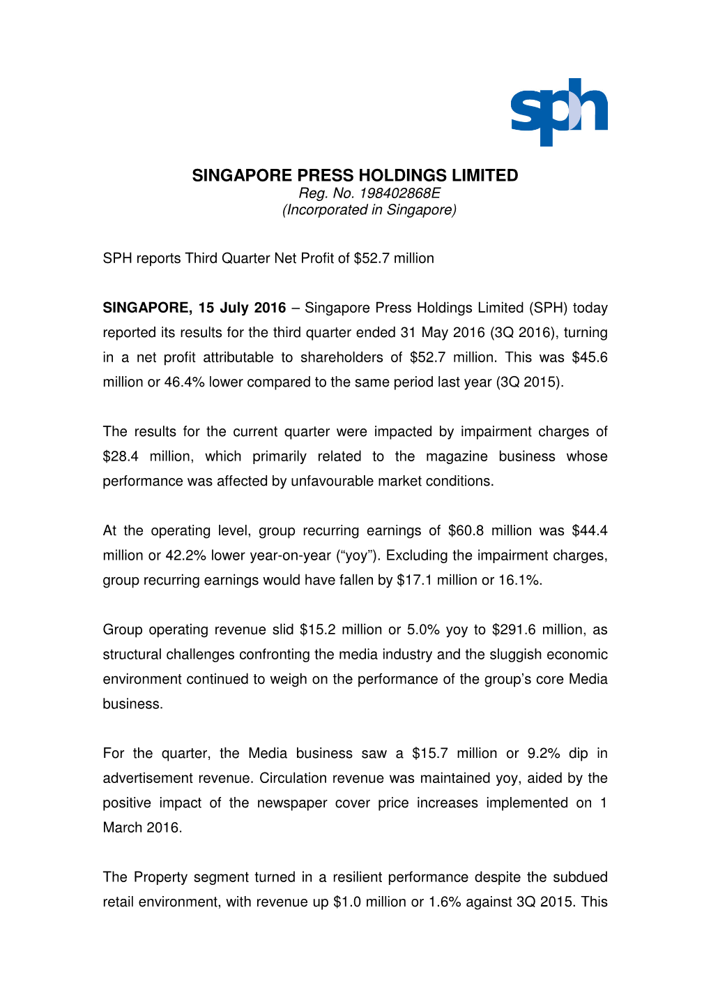 SINGAPORE PRESS HOLDINGS LIMITED Reg