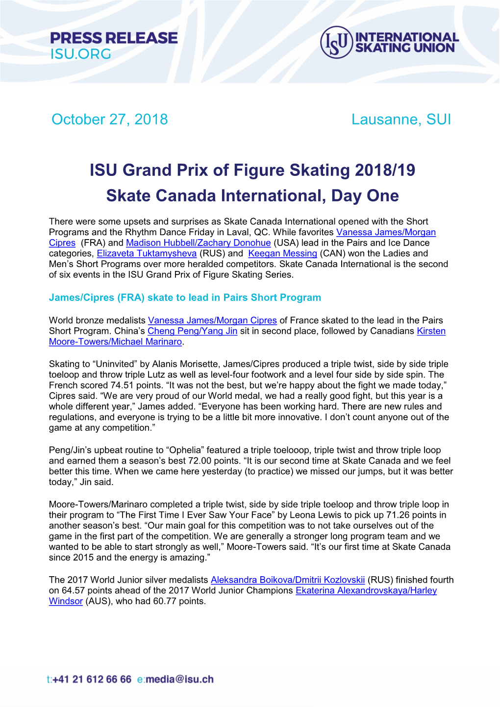 ISU Grand Prix of Figure Skating 2018/19 Skate Canada International, Day One