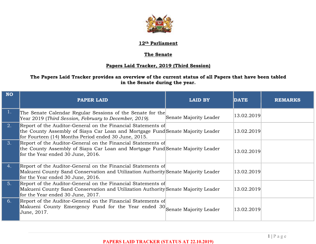 12Th Parliament the Senate Papers Laid Tracker, 2019 (Third Session)