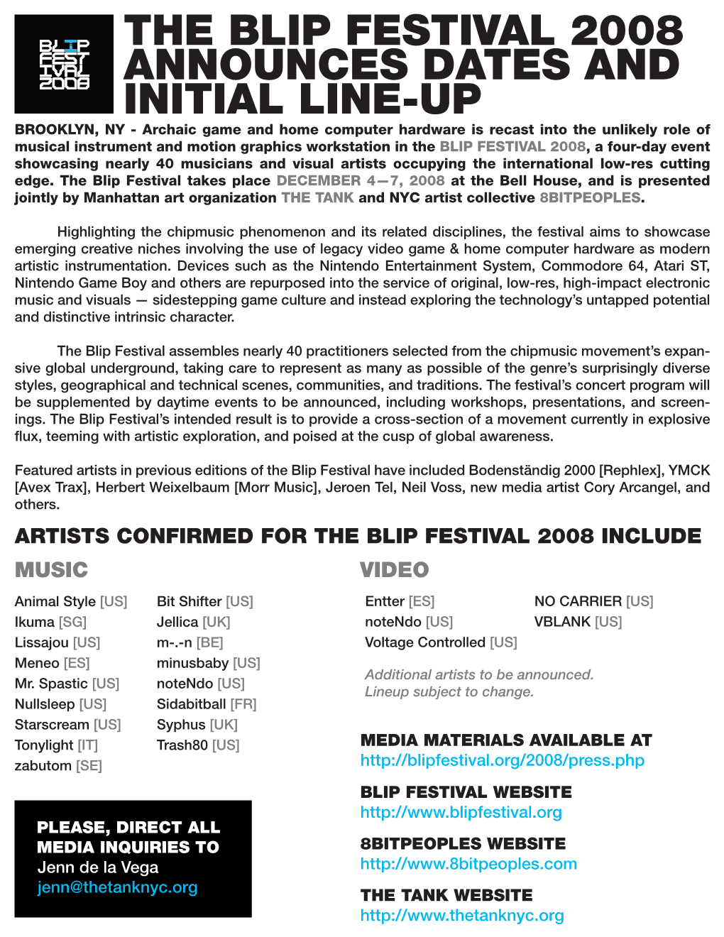 The Blip Festival 2008 Announces Dates and Initial Line