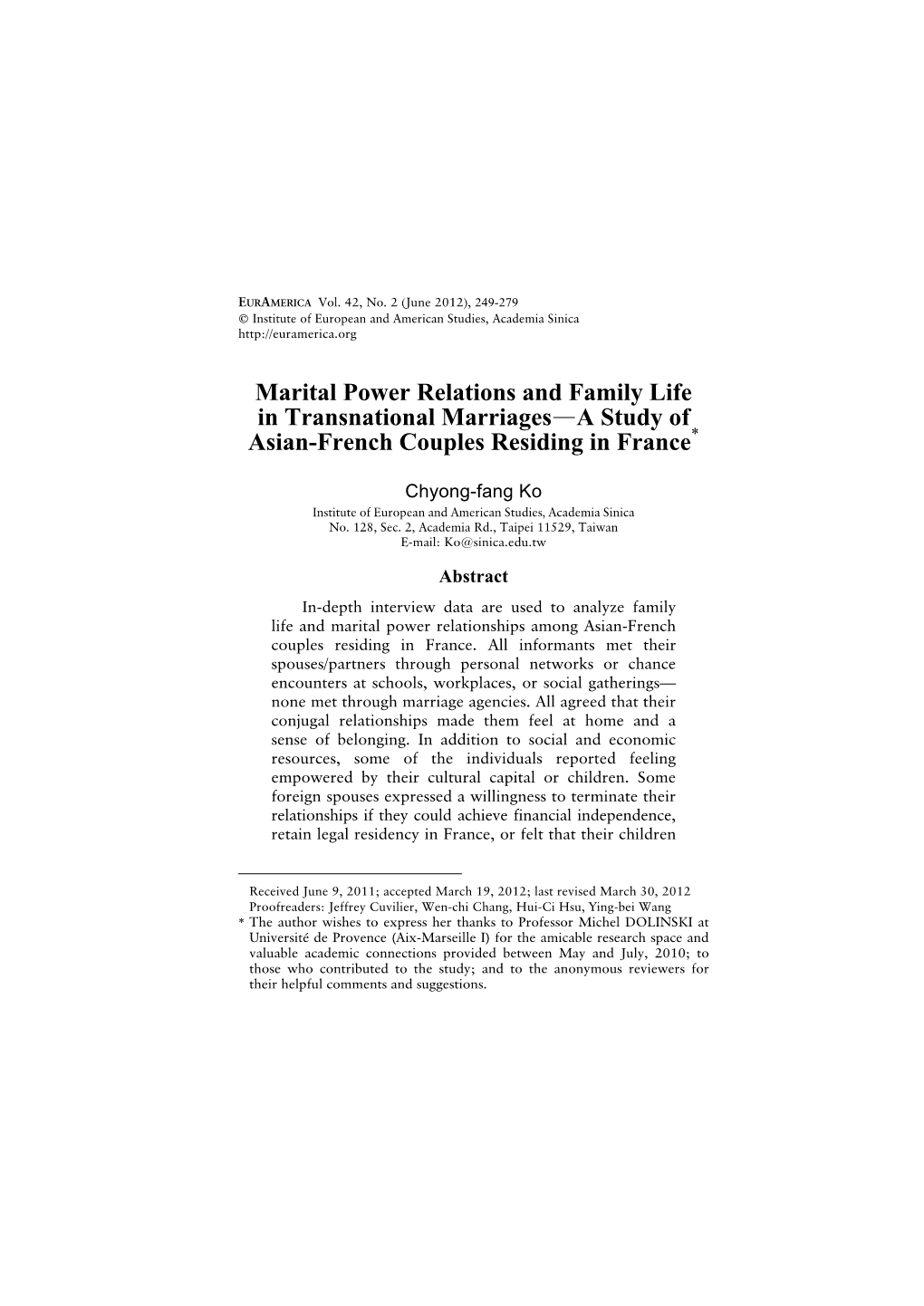 Marital Power Relations and Family Life in Transnational Marriages—A