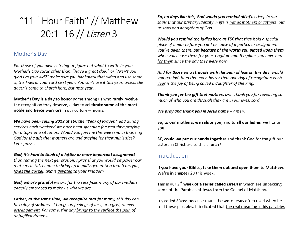 11Th Hour Faith, Matthew 20 1-16