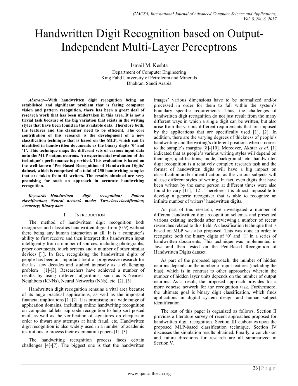 Handwritten Digit Recognition Based on Output- Independent Multi-Layer Perceptrons