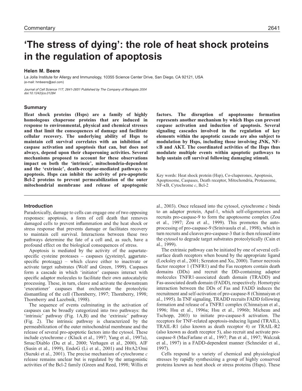 The Role of Heat Shock Proteins in the Regulation of Apoptosis