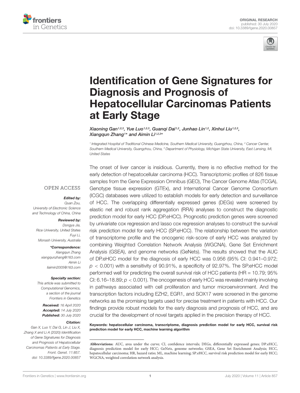 Identification of Gene Signatures for Diagnosis and Prognosis of Hepatocellular Carcinomas Patients at Early Stage