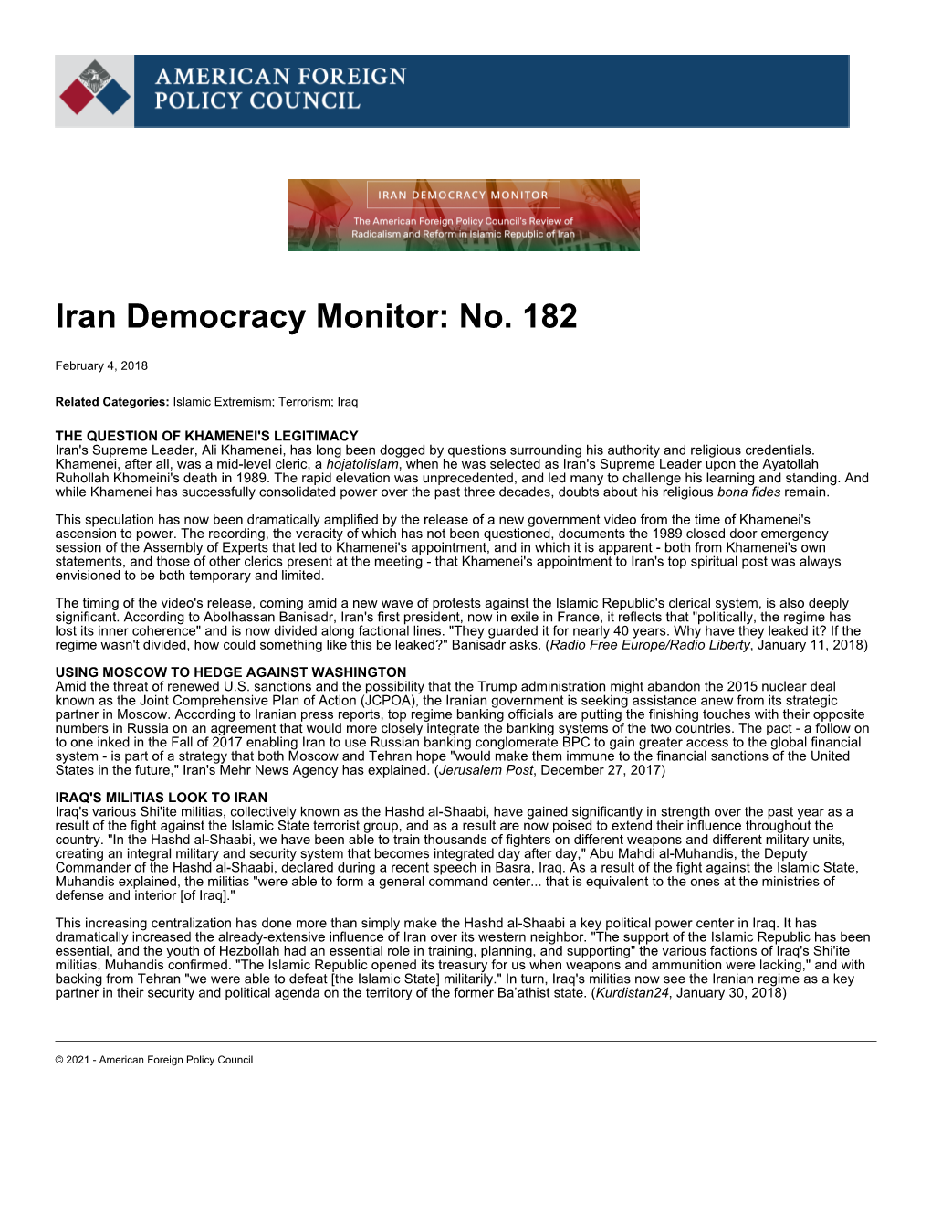 Iran Democracy Monitor: No. 182 | American Foreign Policy Council