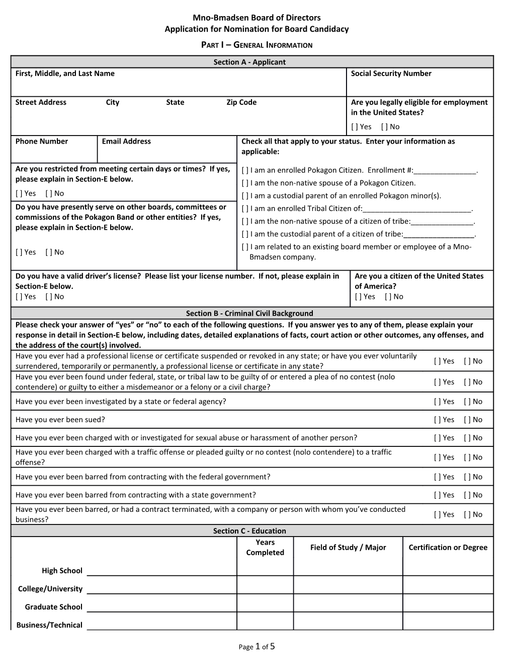 Application for Nomination for Board Candidacy