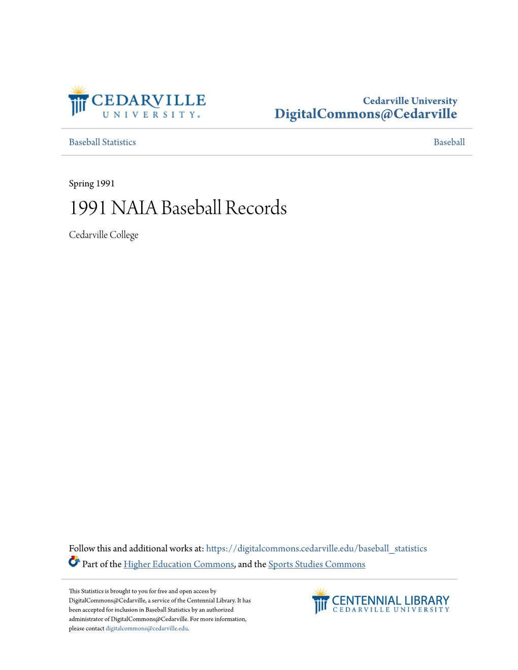 1991 NAIA Baseball Records Cedarville College