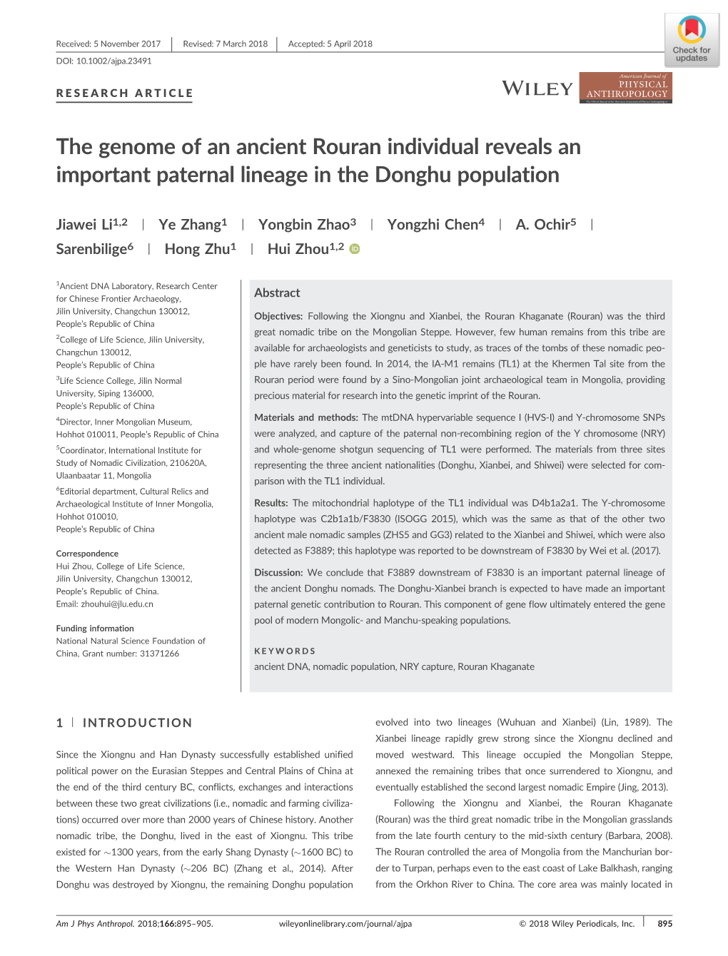 The Genome of an Ancient Rouran Individual Reveals an Important Paternal Lineage in the Donghu Population