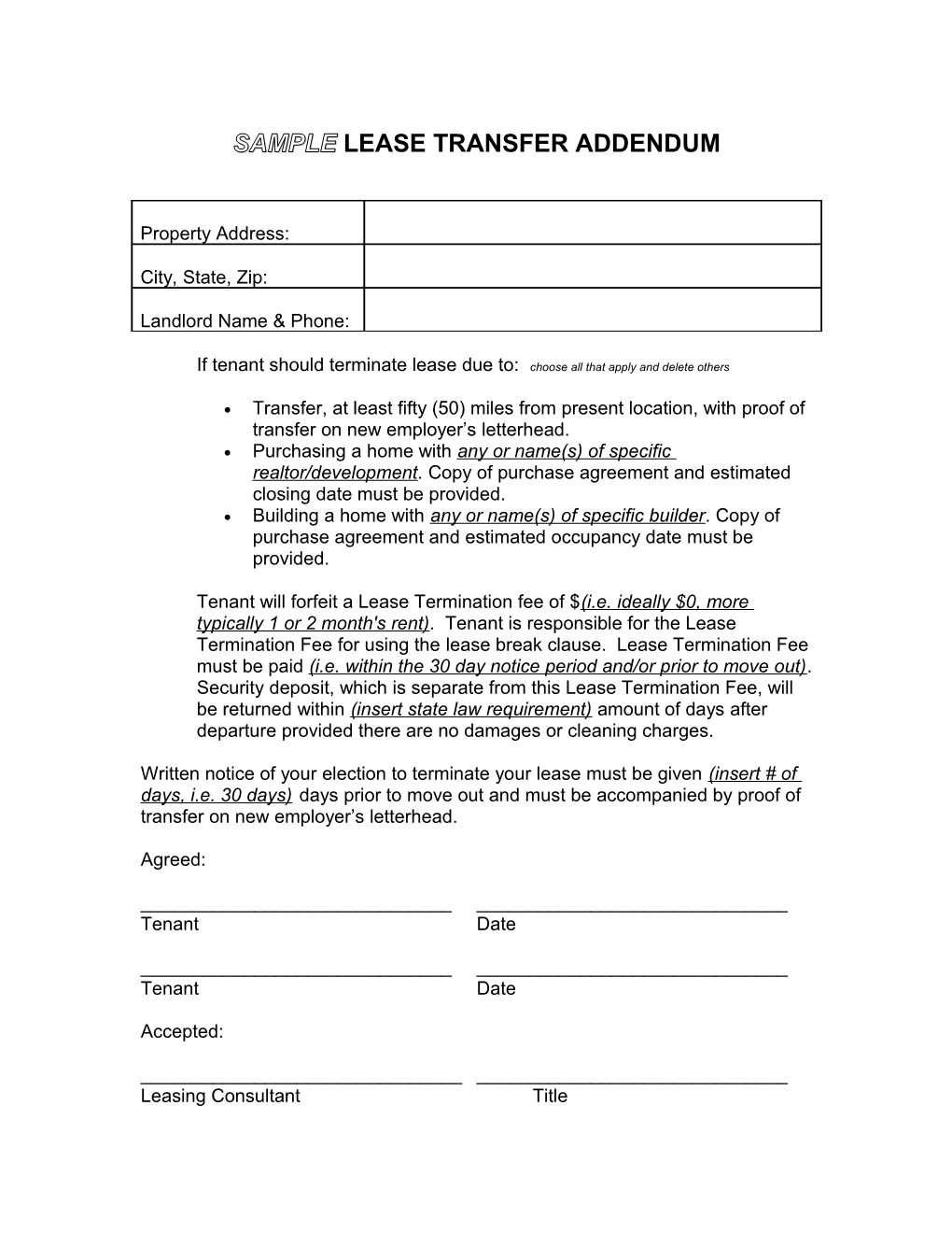 Sample Lease Transfer Addendum