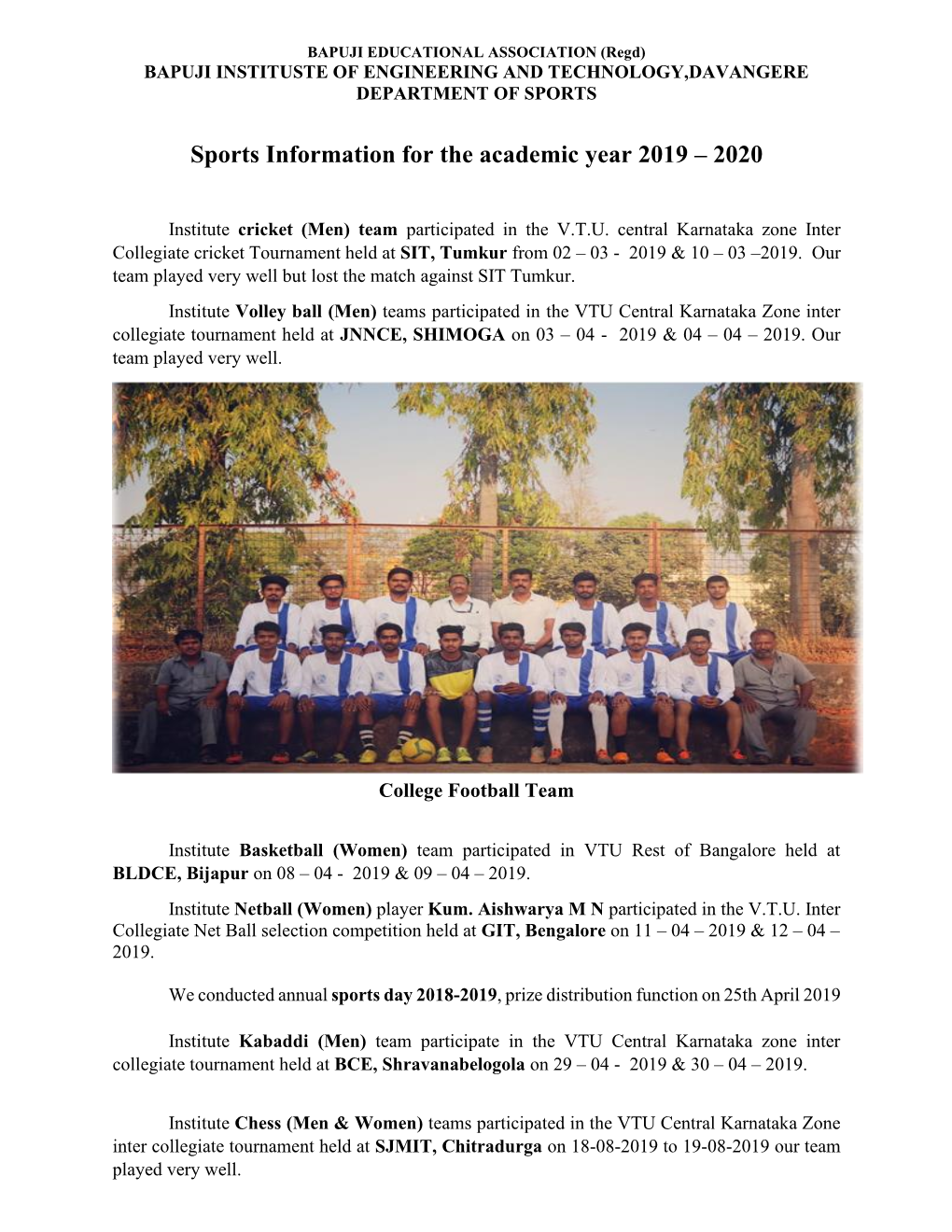 Sports Information for the Academic Year 2019 – 2020