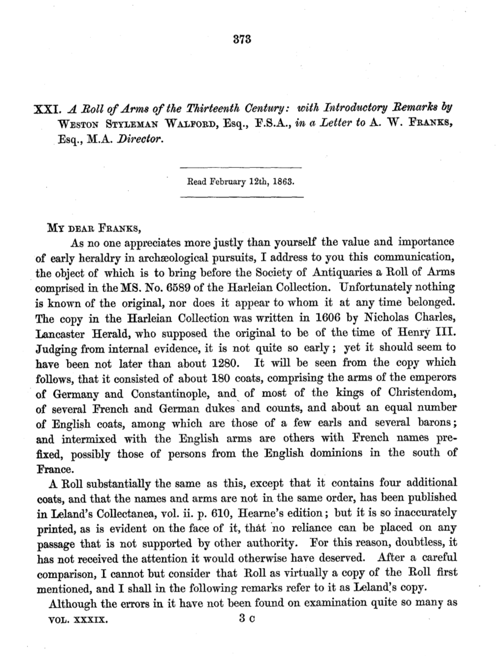 XXI. a Boll of Arms of the Thirteenth Century: with Introductory Remarks by WBSTON STYLEMAN WATFORD, Esq., F.S.A., in a Letter to A
