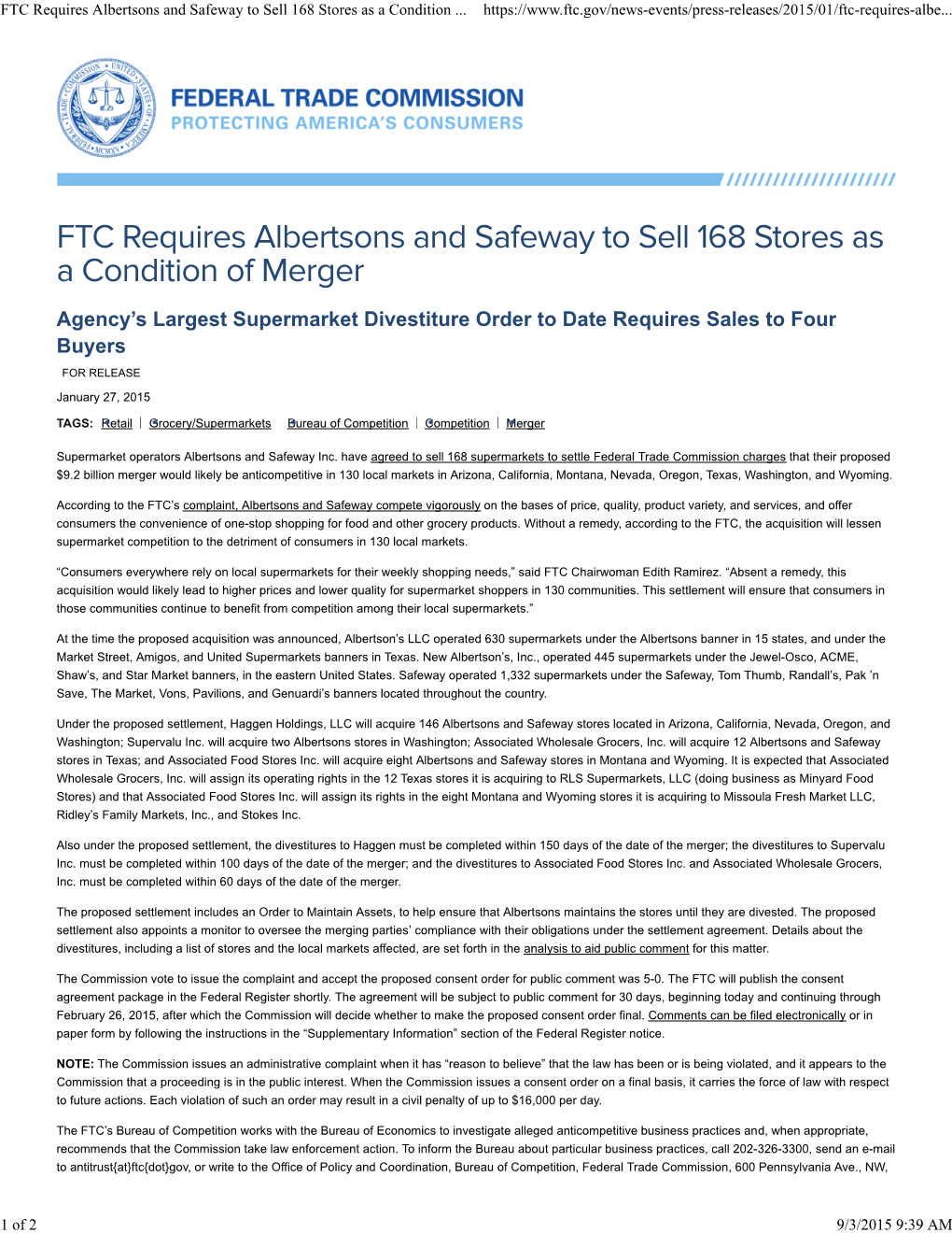 FTC Requires Albertsons and Safeway to Sell 168 Stores As a Condition of Merger | Federal Trade Commission
