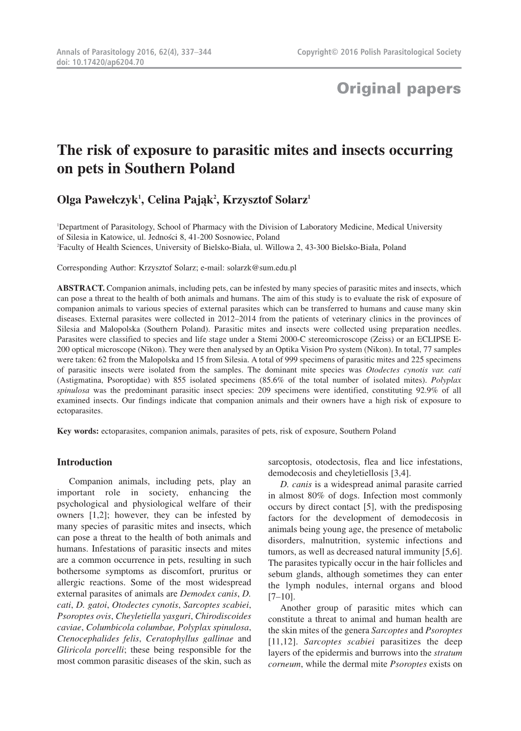 The Risk of Exposure to Parasitic Mites and Insects Occurring on Pets in Southern Poland