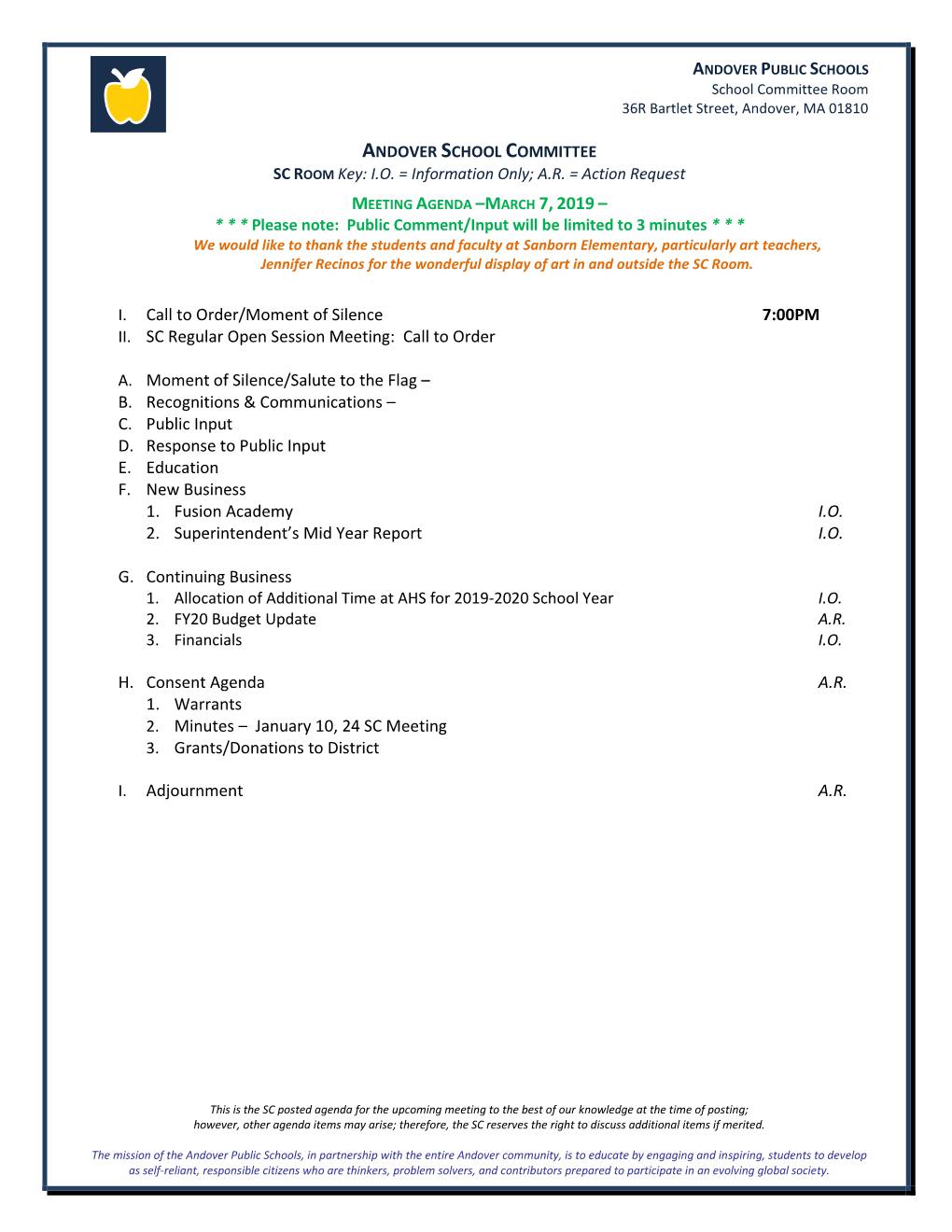 Meeting Agenda –March 7, 2019 –