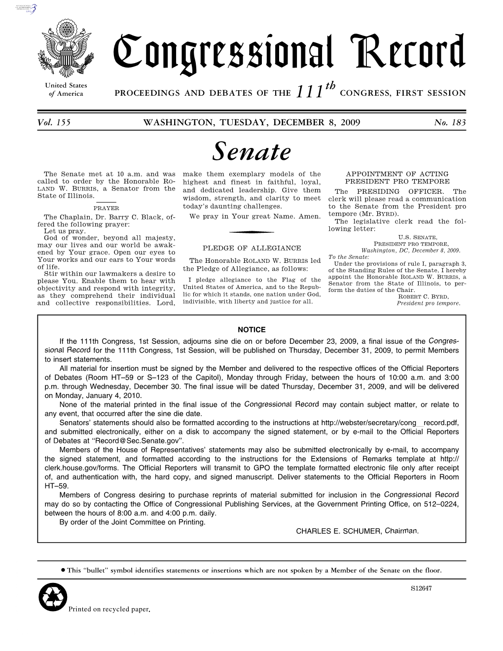 Congressional Record United States Th of America PROCEEDINGS and DEBATES of the 111 CONGRESS, FIRST SESSION