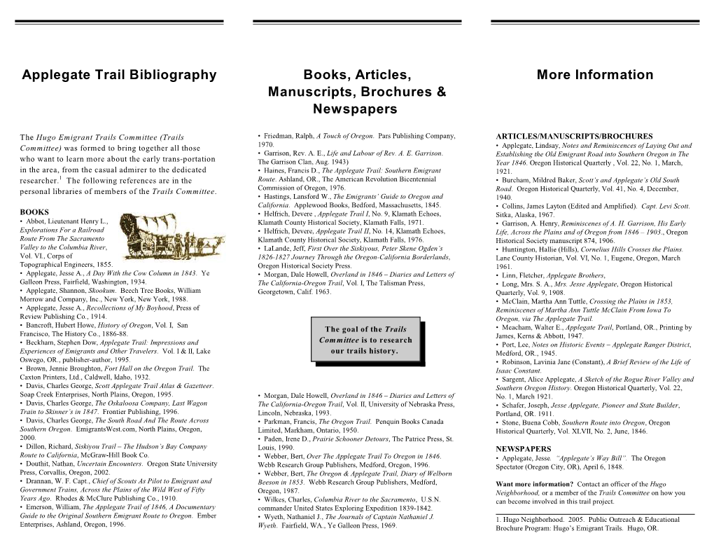 Applegate Trail Bibliography Books, Articles, More Information Manuscripts, Brochures & Newspapers