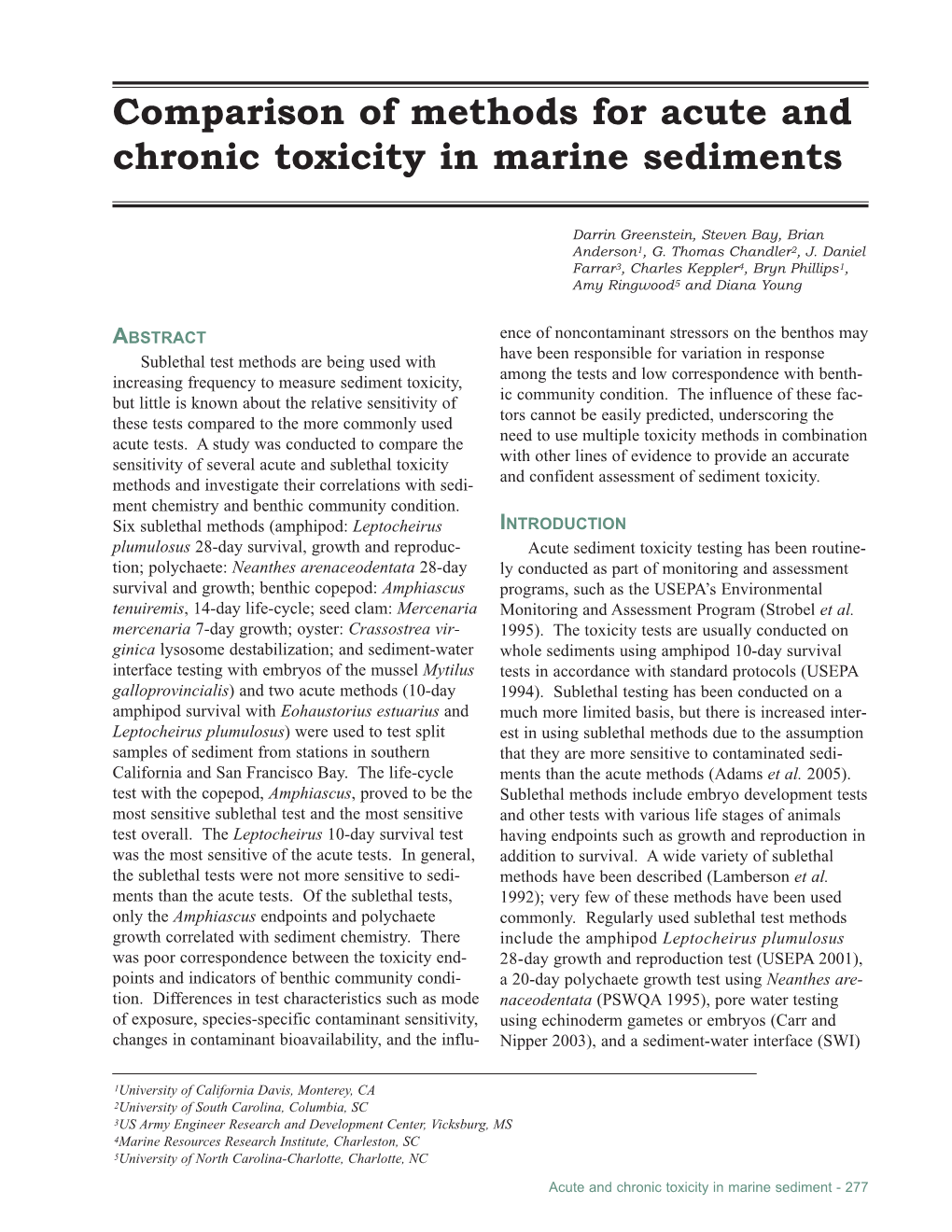 Comparison of Methods for Acute and Chronic Toxicity in Marine Sediments