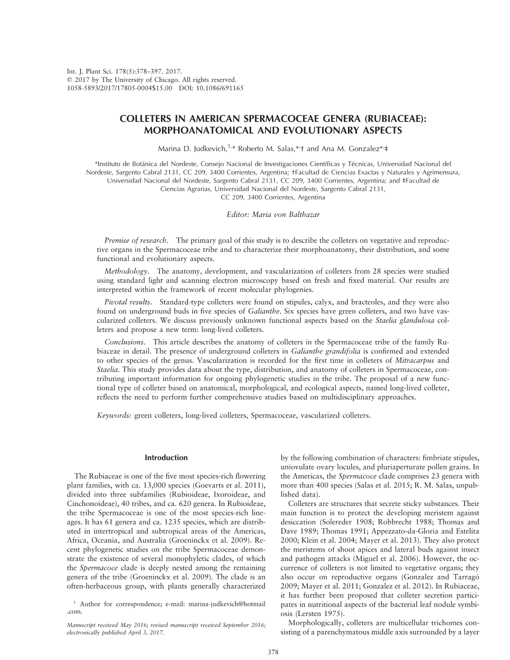 Colleters in American Spermacoceae Genera (Rubiaceae): Morphoanatomical and Evolutionary Aspects