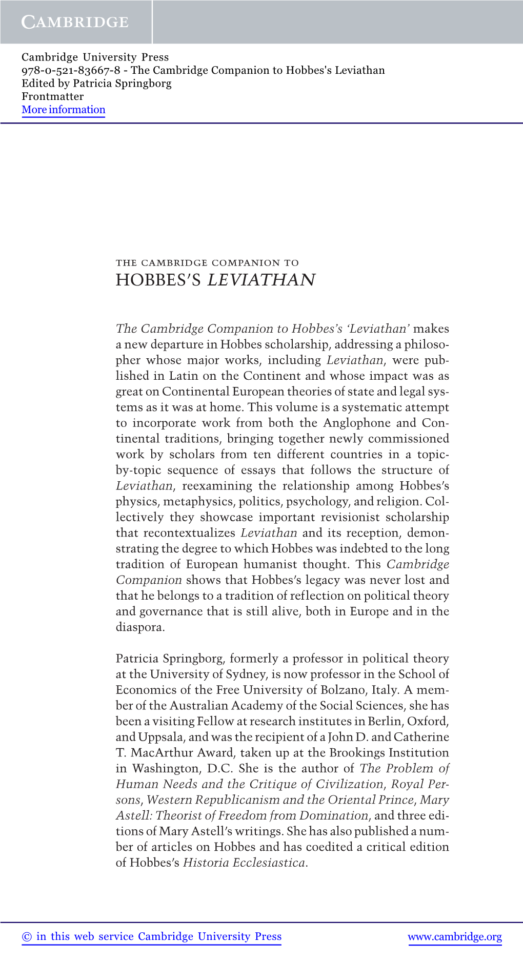 Hobbes's Leviathan Edited by Patricia Springborg Frontmatter More Information