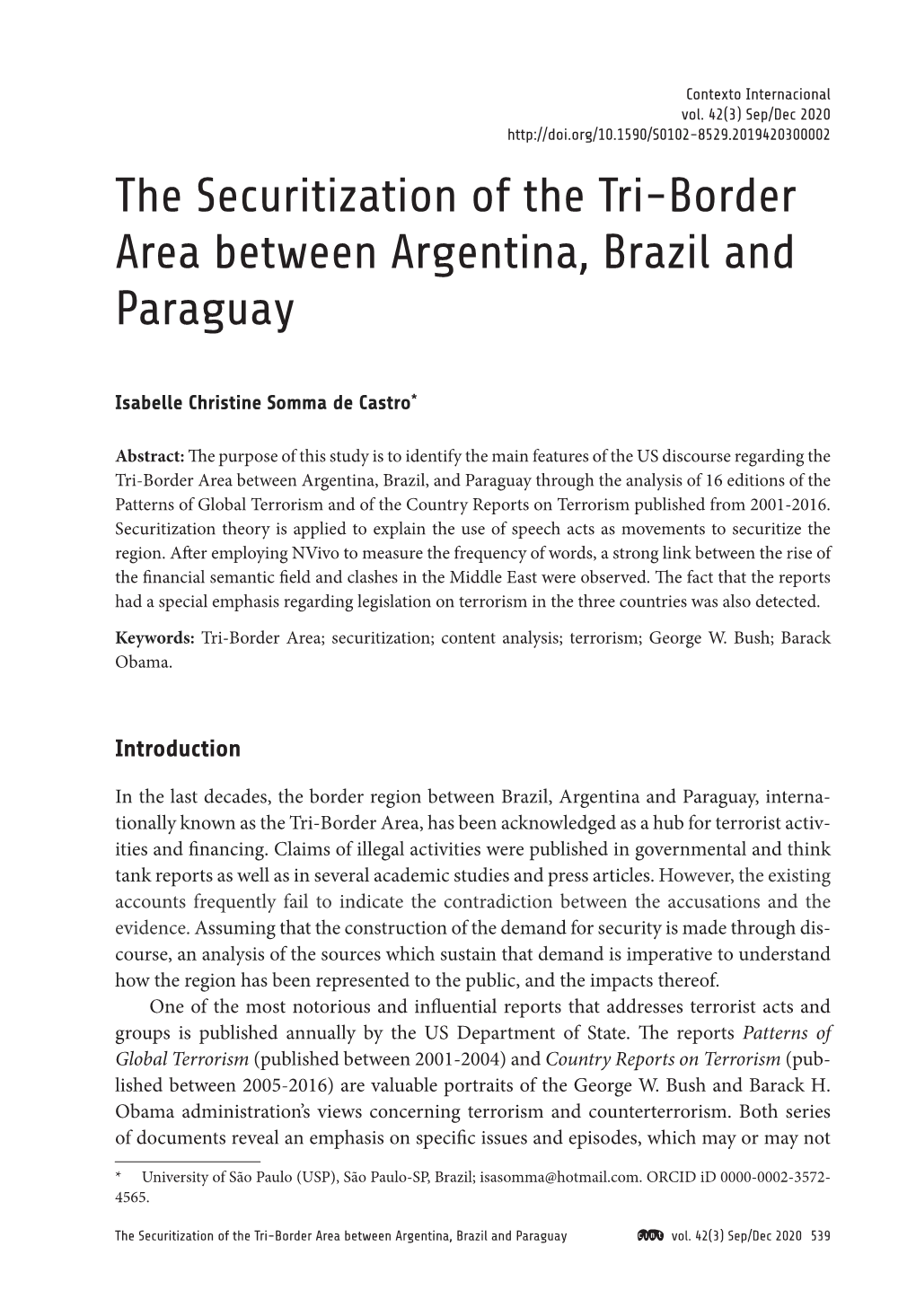 The Securitization of the Tri-Border Area Between Argentina, Brazil and Castro Paraguay