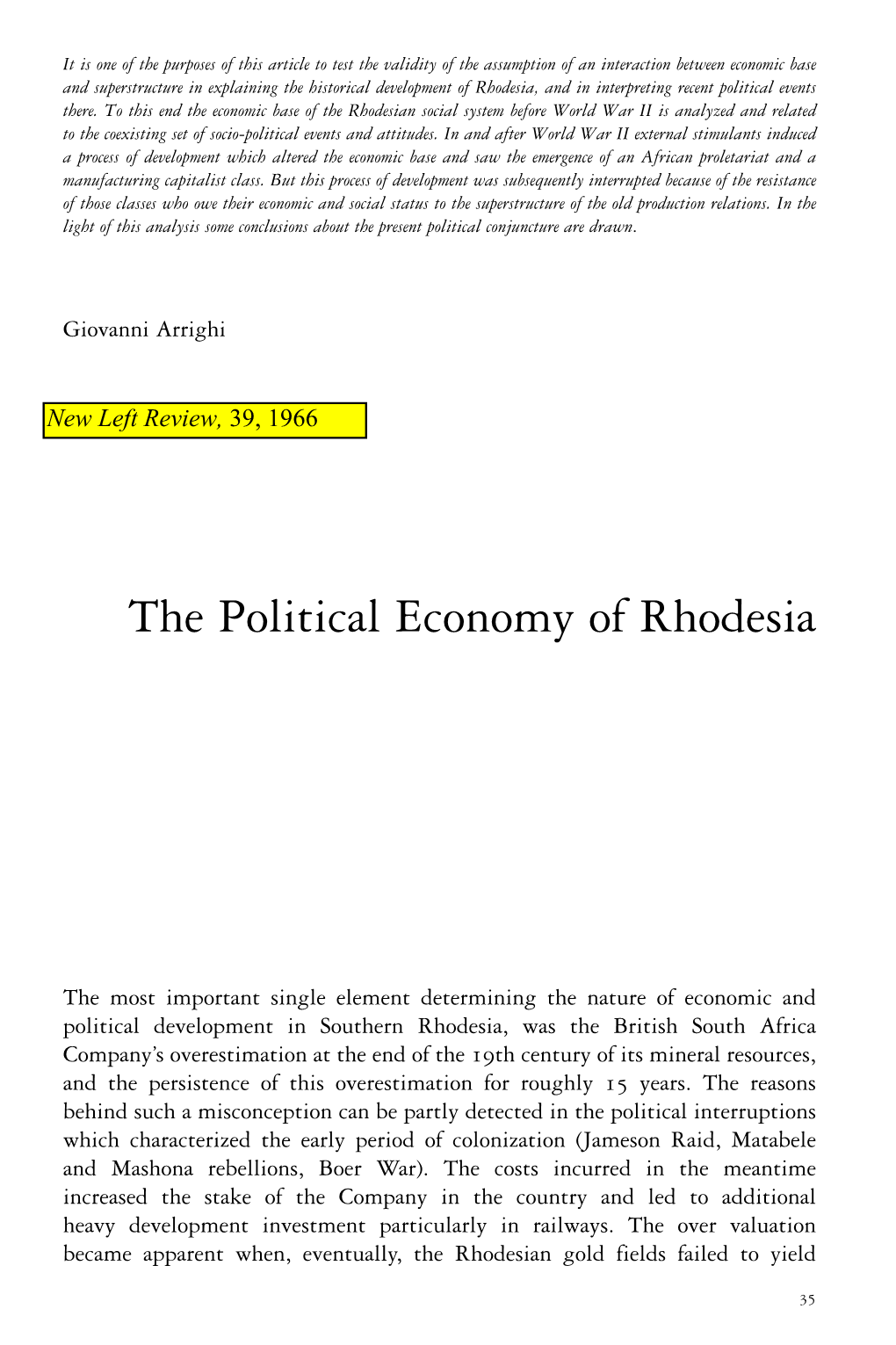 The Political Economy of Rhodesia