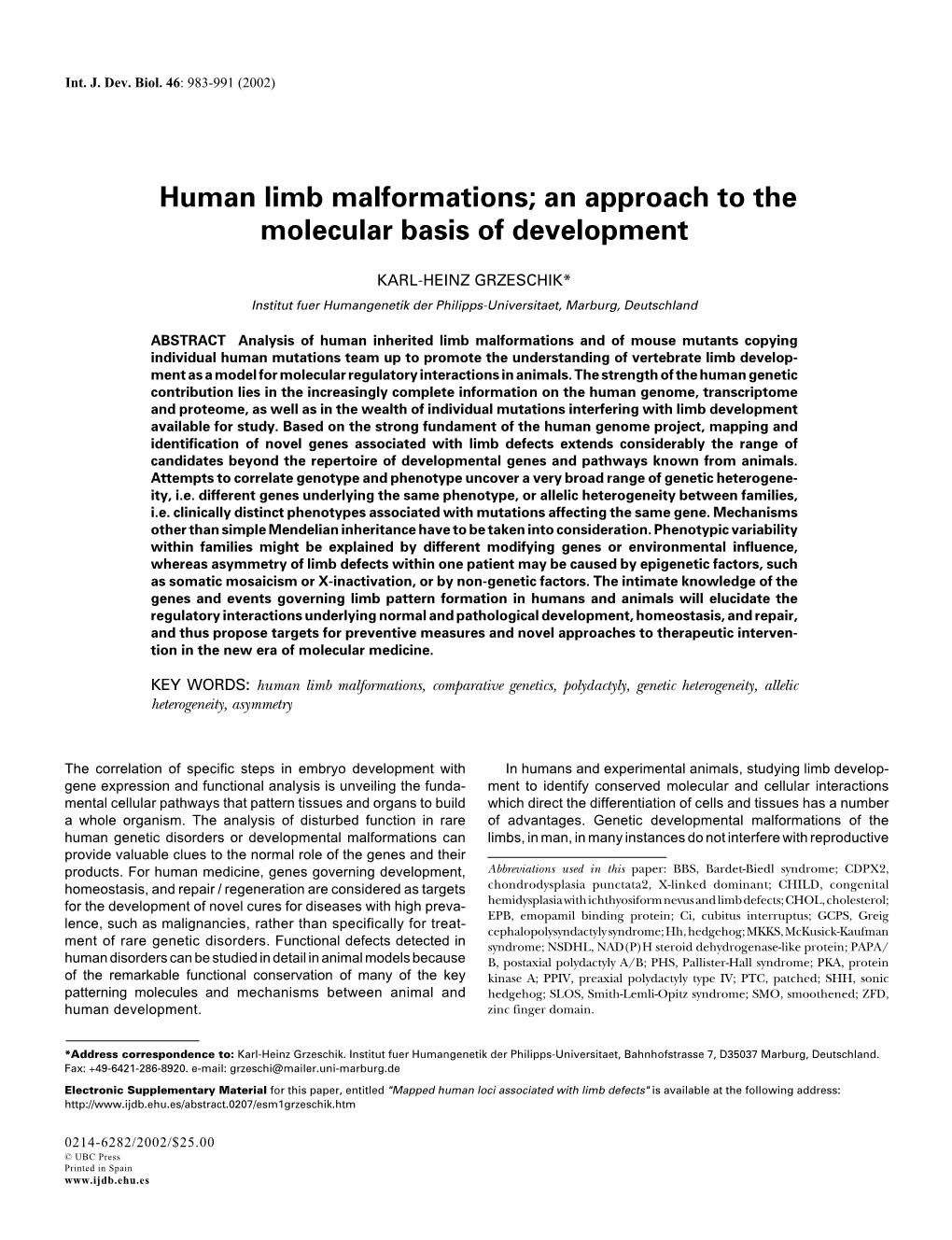 Human Limb Malformations; an Approach to the Molecular Basis of Development