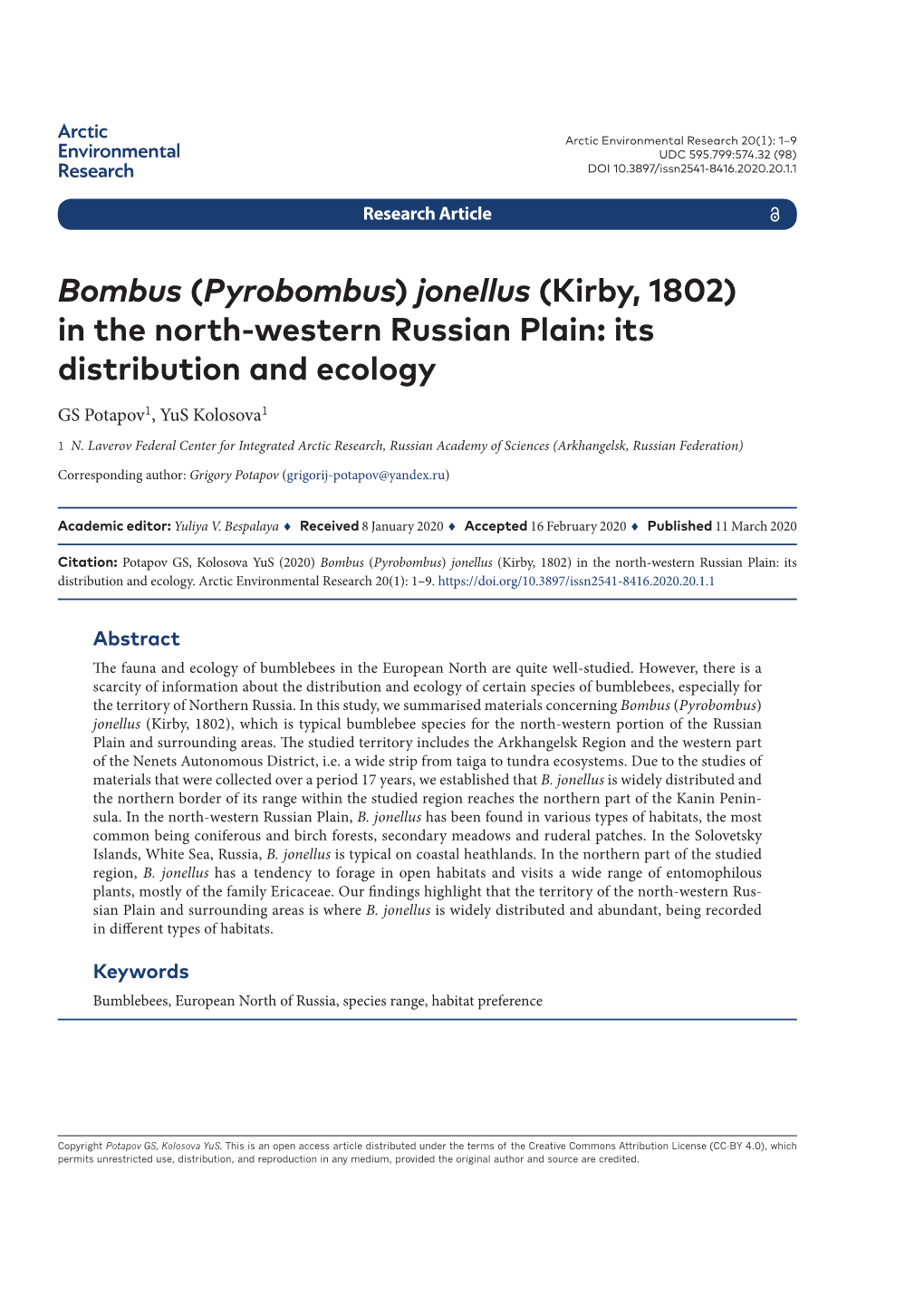 (Pyrobombus) Jonellus (Kirby, 1802) in the North-Western Russian Plain: Its Distribution and Ecology