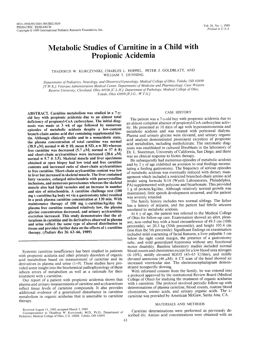 Metabolic Studies of Carnitine in a Child with Propionic Acidemia