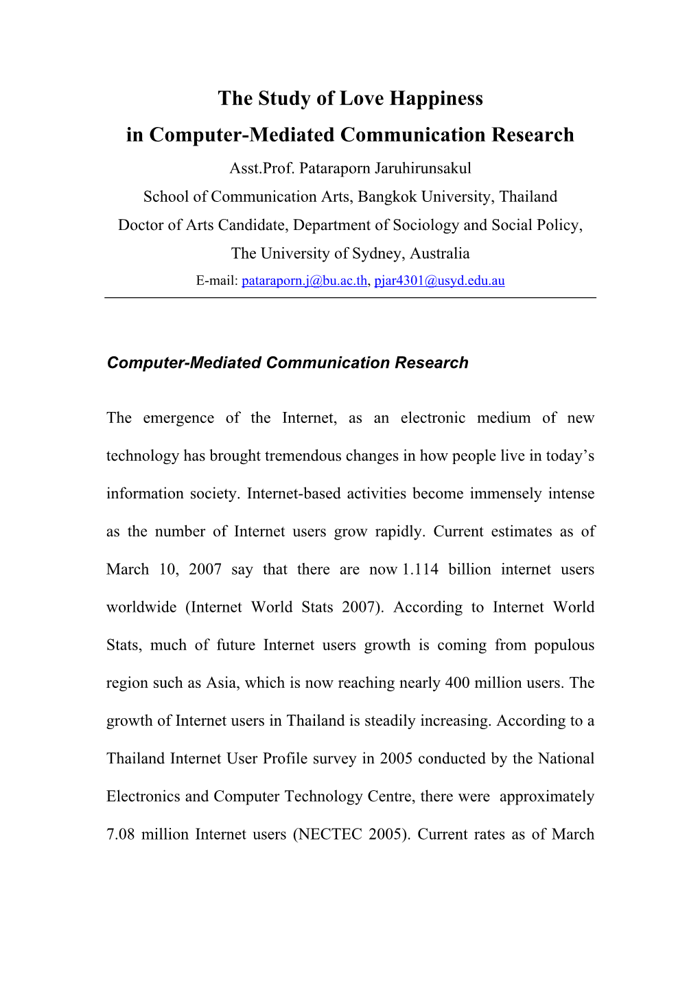 The Study of Love Happiness in Computer-Mediated Communication Research Asst.Prof
