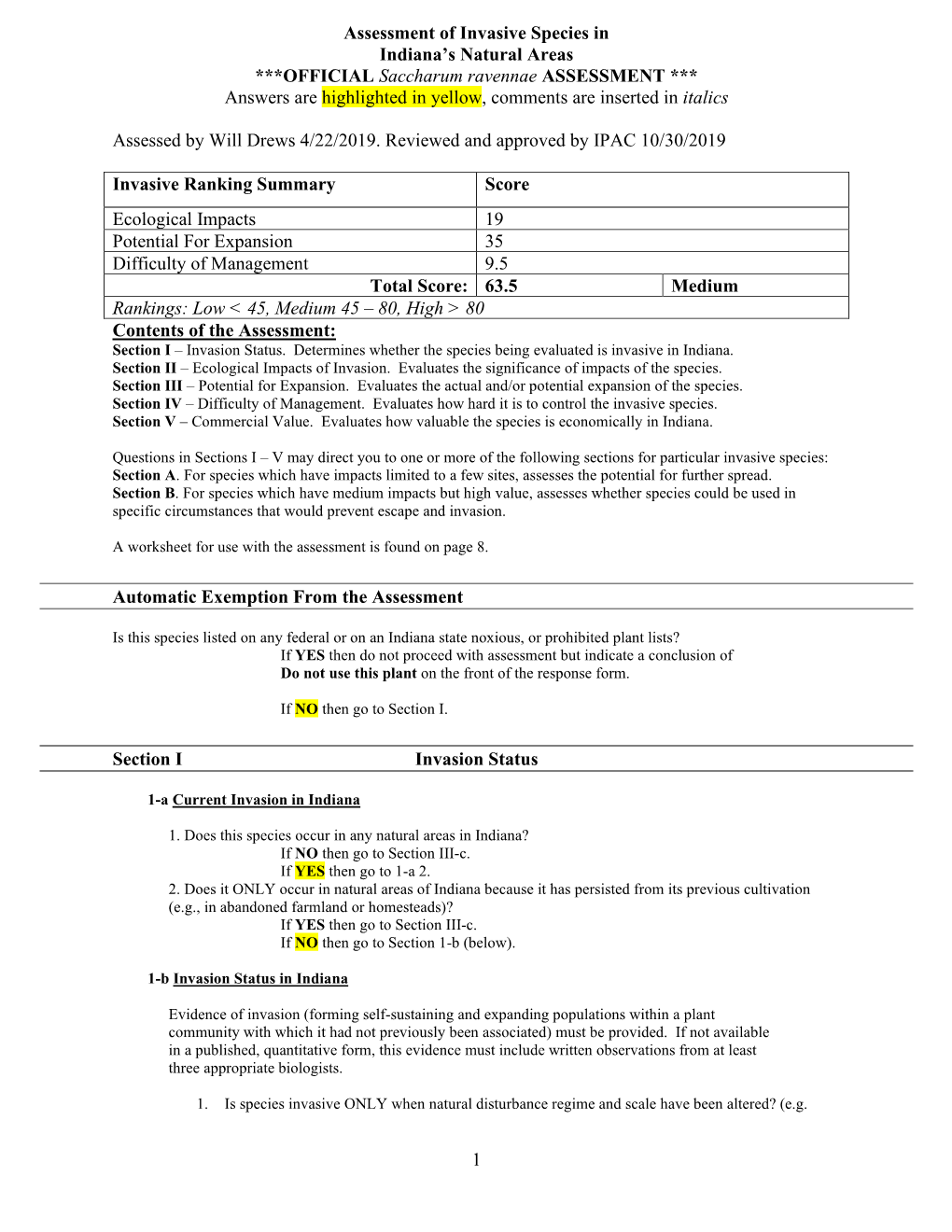 Saccharum Ravennae ASSESSMENT *** Answers Are Highlighted in Yellow, Comments Are Inserted in Italics