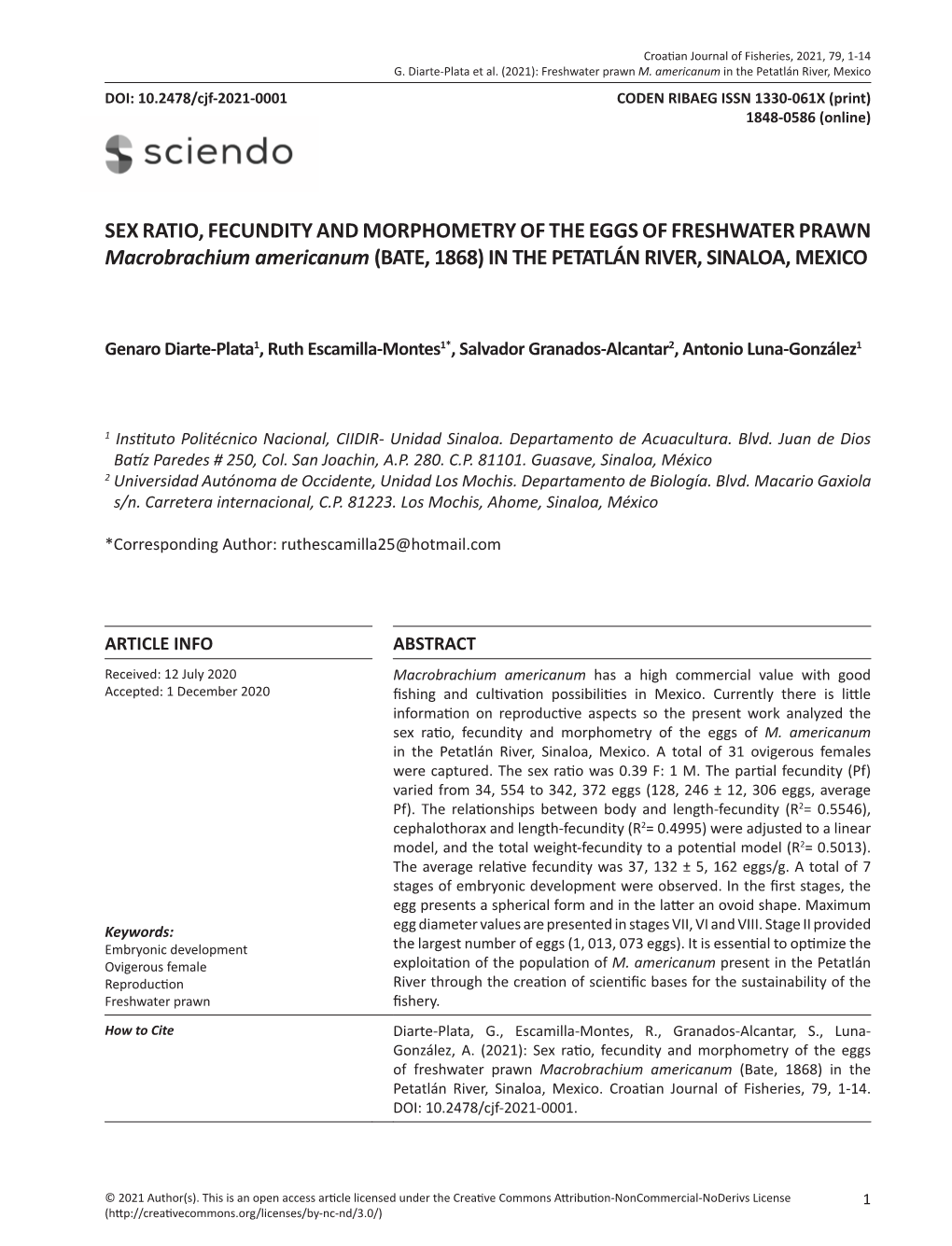 SEX RATIO, FECUNDITY and MORPHOMETRY of the EGGS of FRESHWATER PRAWN Macrobrachium Americanum (BATE, 1868) in the PETATLÁN RIVER, SINALOA, MEXICO