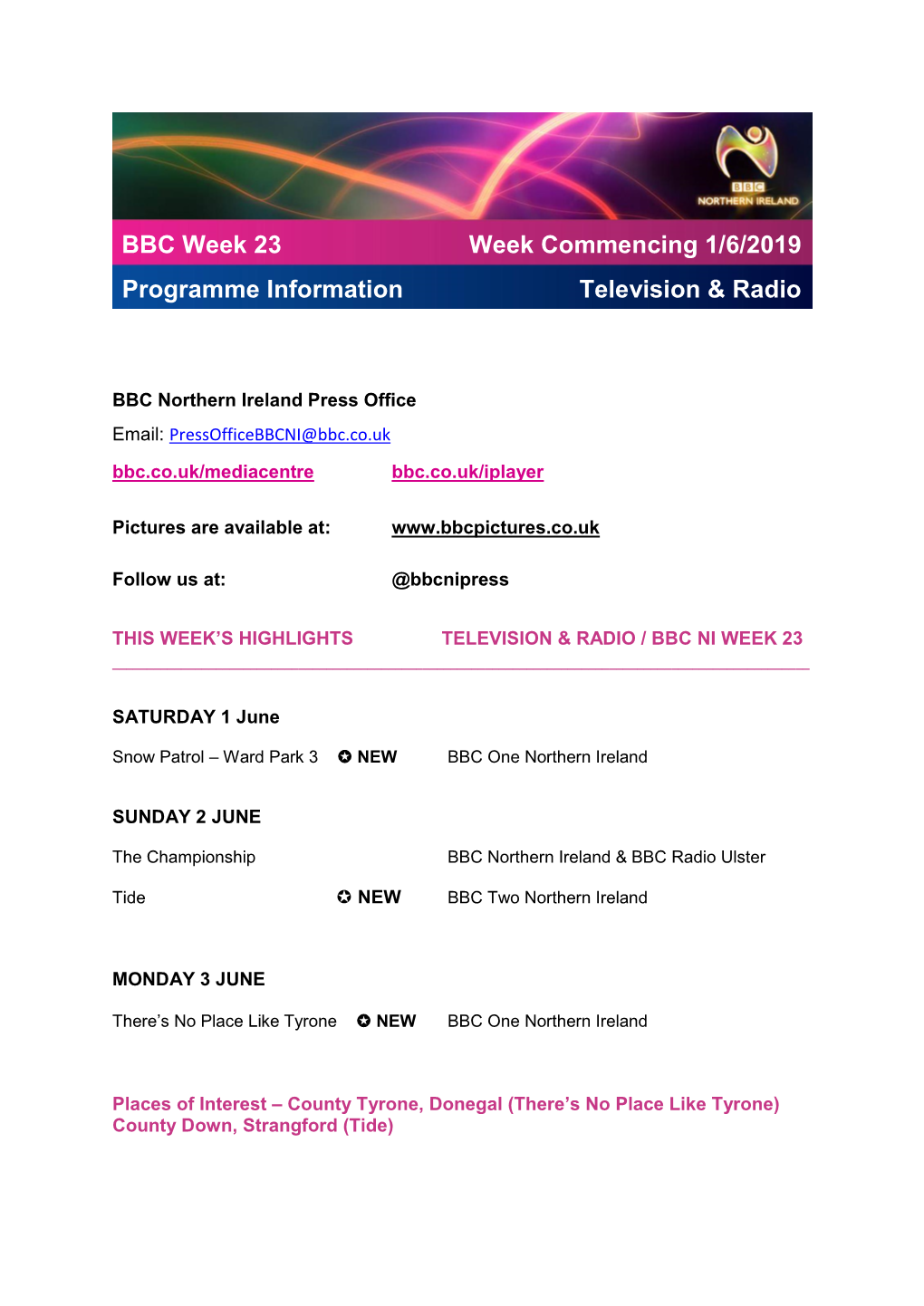 BBC Week 23 Programme Information Week Commencing 1/6/2019