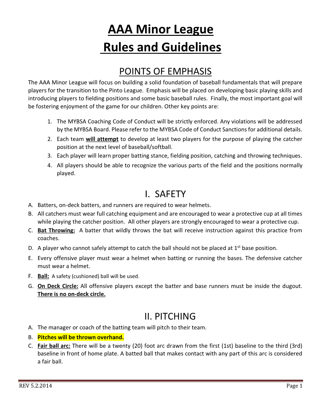 AAA Minor League Rules and Guidelines