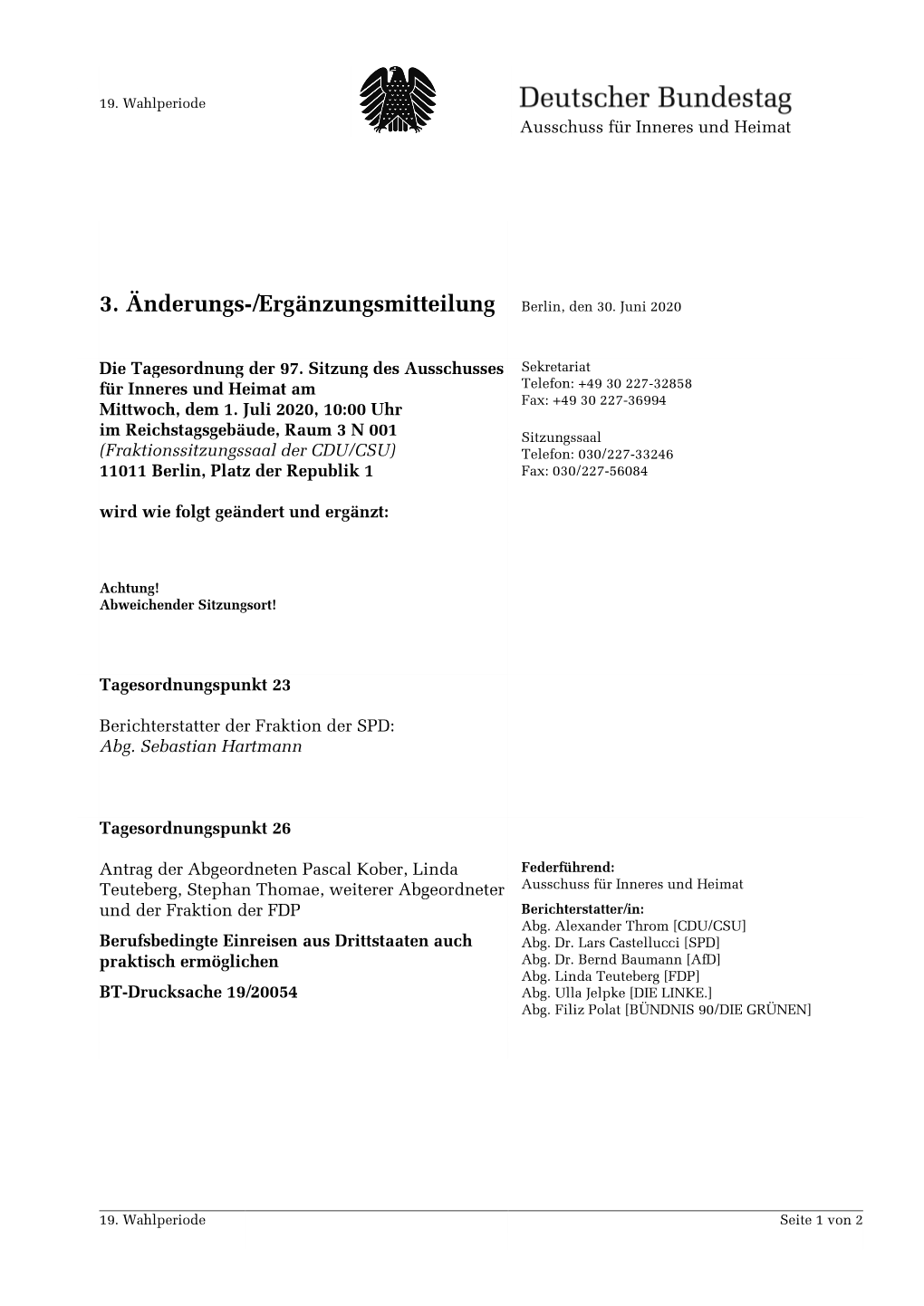 3. Änderungs-/Ergänzungsmitteilung Berlin, Den 30. Juni 2020