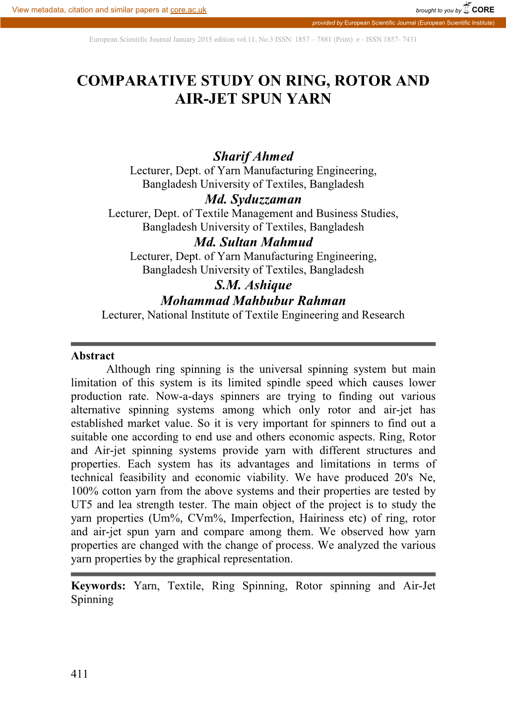 Comparative Study on Ring, Rotor and Air-Jet Spun Yarn