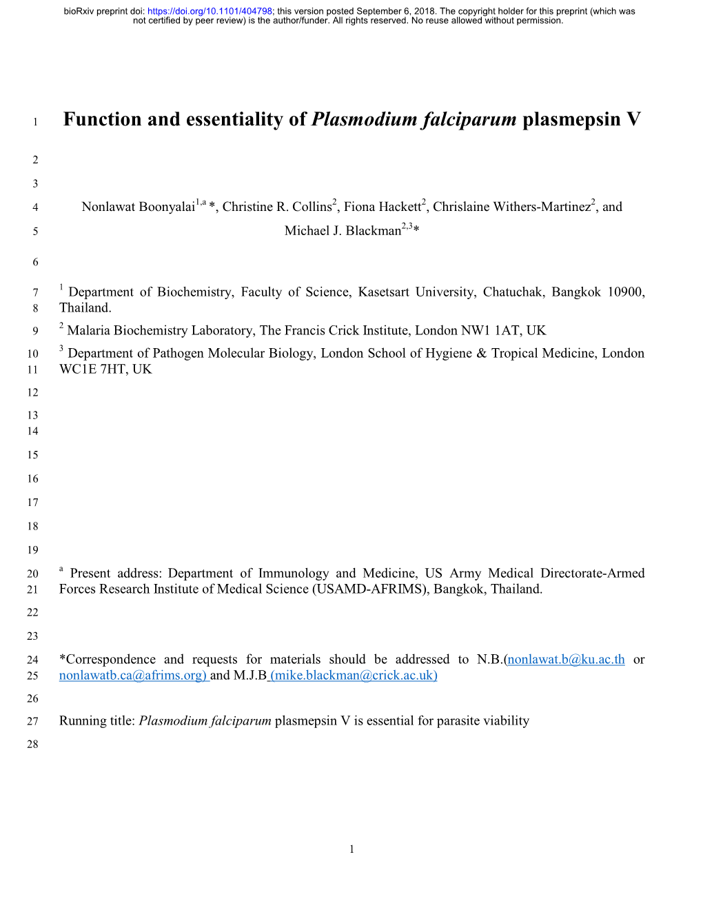 Function and Essentiality of Plasmodium Falciparum Plasmepsin V