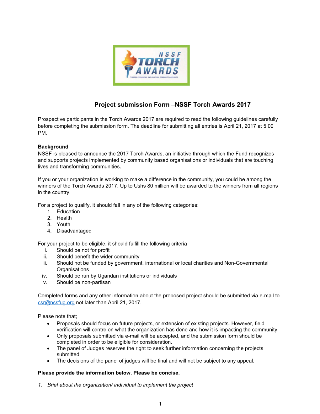 2017 NSSF Torch Awards Project Submission Form