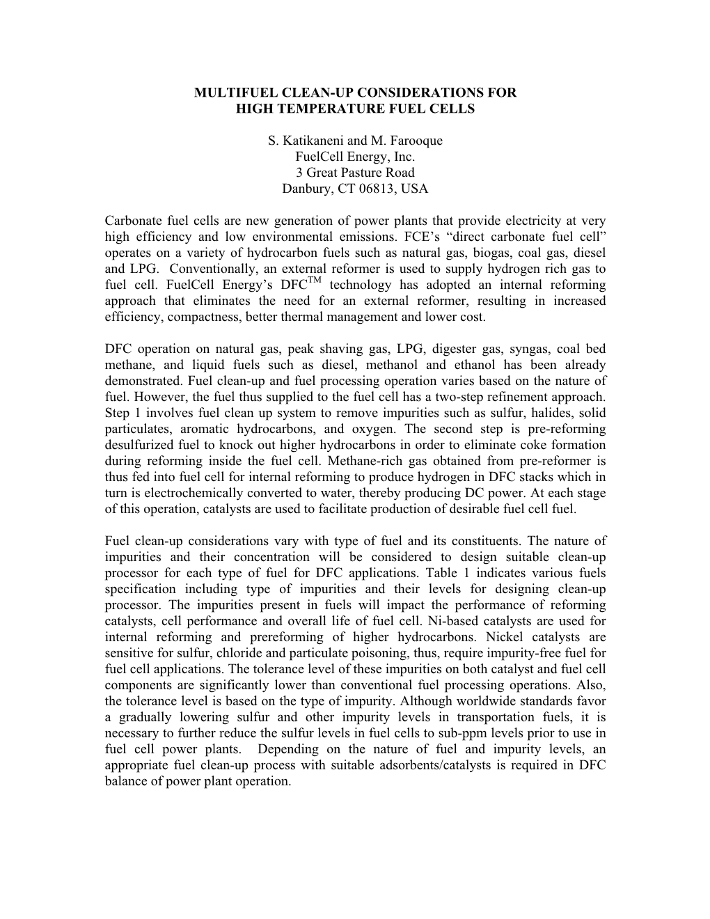 Multifuel Clean-Up Considerations for High Temperature Fuel Cells