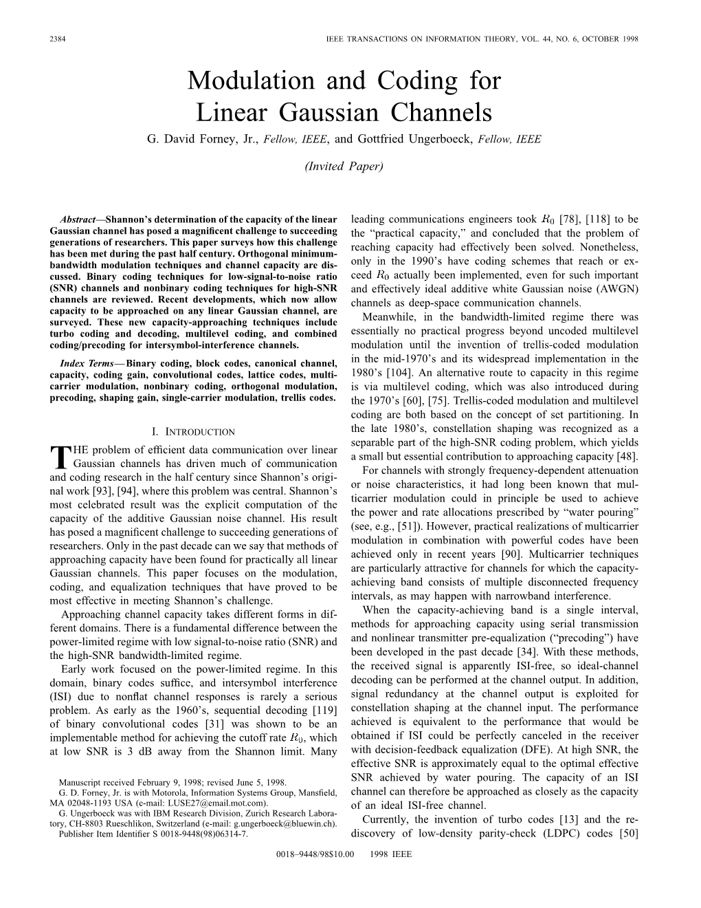 Modulation and Coding for Linear Gaussian Channels G