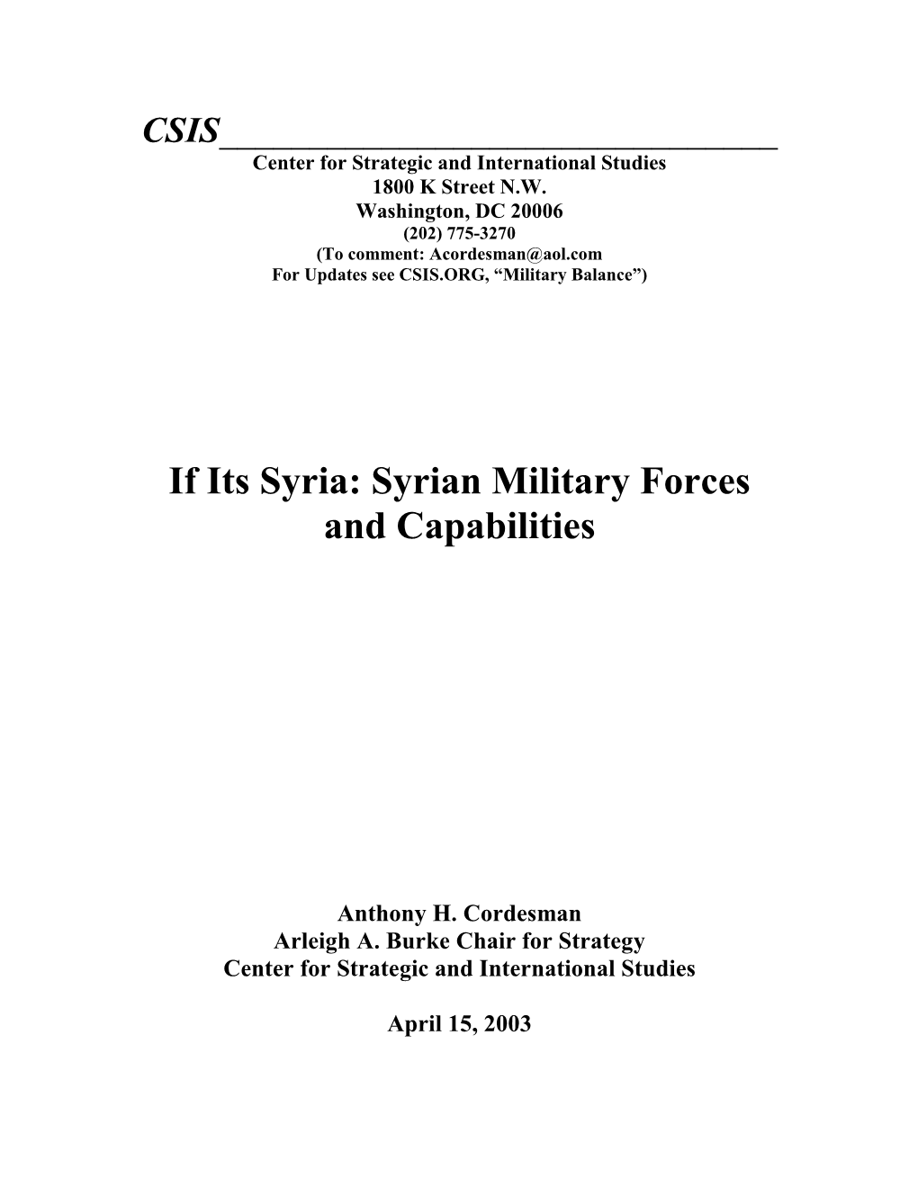 If Its Syria: Syrian Military Forces and Capabilities