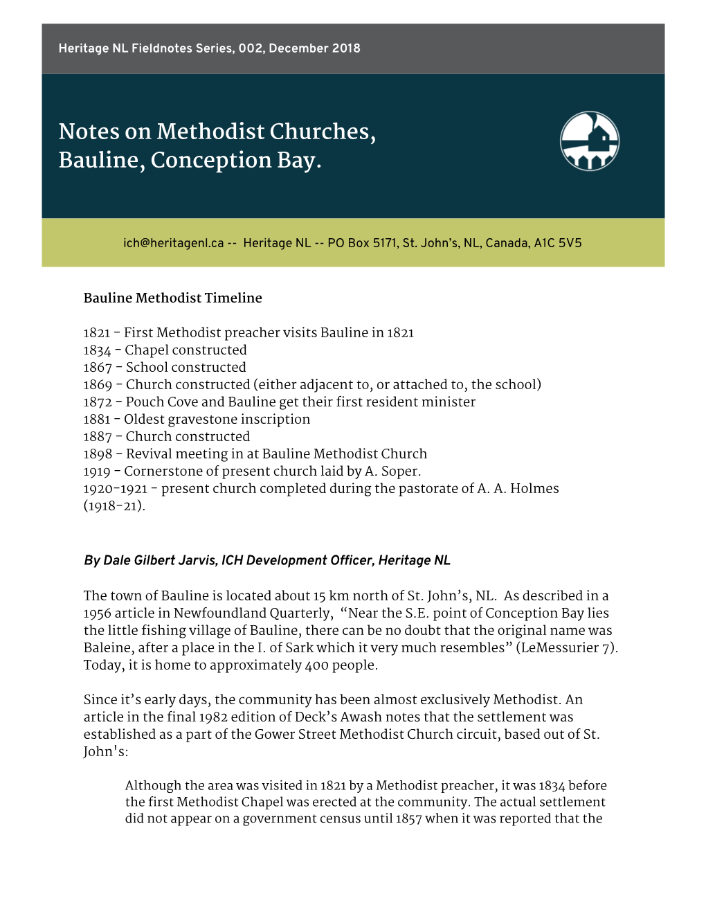 Notes on Methodist Churches, Bauline, Conception Bay