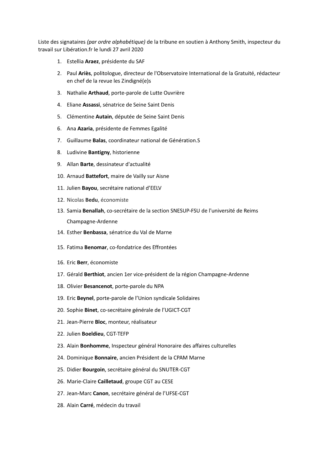 Liste Des Signataires (Par Ordre Alphabétique) De La Tribune En Soutien À Anthony Smith, Inspecteur Du Travail Sur Libération.Fr Le Lundi 27 Avril 2020